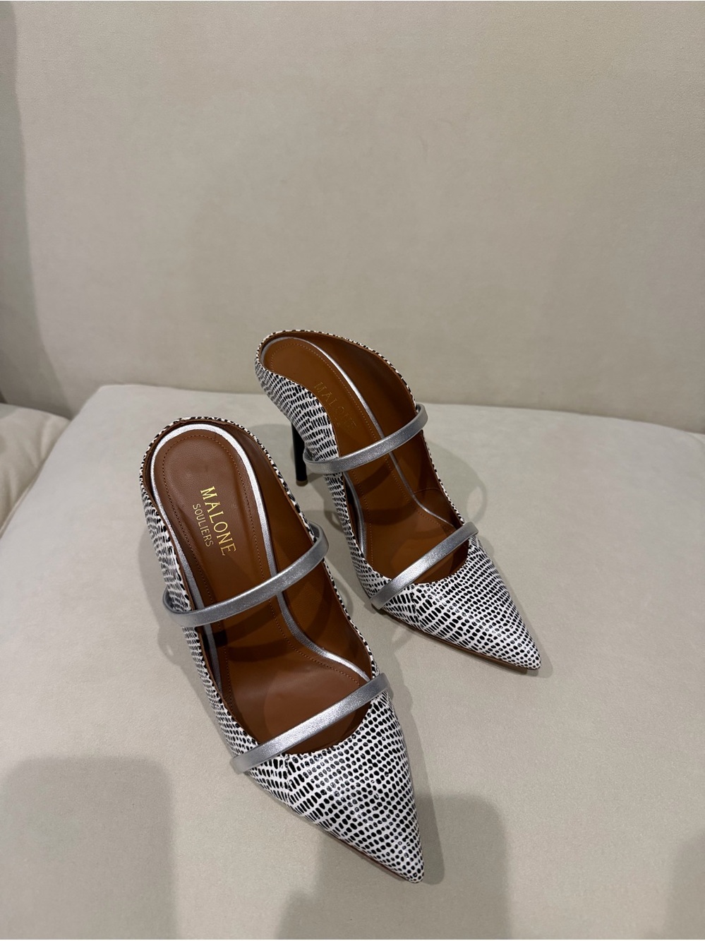Malone Souliers Black & White Patterned Pointed Strap Pumps